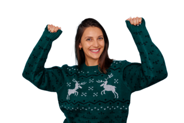 Happy young woman celebrating christmas, wearing a festive green sweater with reindeer design, smiling, transparent background