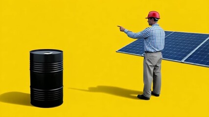 Engineer analyzing oil barrel and solar panel transition on yellow background - Powered by Adobe