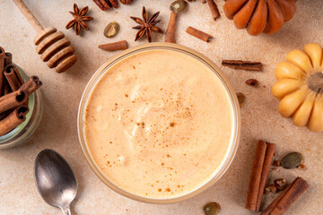  Pumpkin Spice Greek Yogurt in glass bowl, with spices, cinnamon, healthy autumn snack with traditional fall season taste, protein and calcium source