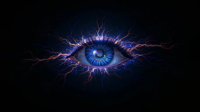 Appearing single cybernetic eye pulsing arcs, lowering eyelid for iris glow, in black void