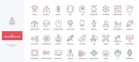 Implementation of AI services, activation and identification line icon set. Auto generated data with machine assistant, business automation thin black and red outline symbols vector illustration