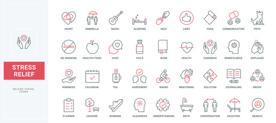 Relief and help with stress, care for mind and body line icons set. Practice yoga exercises and hobby, chat with friends, meditation and running thin black and red outline symbols, vector illustration