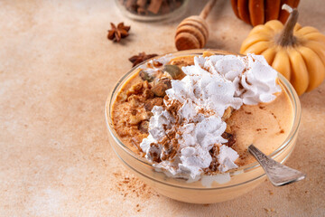 Pumpkin Pie Greek Yogurt Breakfast Bowl with pumpkin puree and seeds, pecan nits, graham crackers, topped with whipped cream and cinnamon, tasty autumn season snack or breakfast recipe