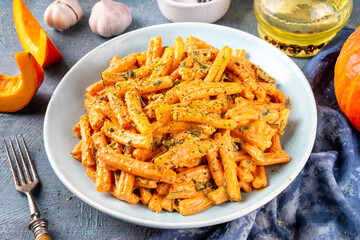 Creamy Pumpkin Pasta. Cozy autumn recipe of casarecce pasta in rich flavorful pumpkin squash cheesy...