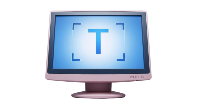 Isolated pink CRT monitor with blue screen and T graphic, technology computer equipment