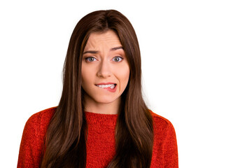 Portrait of disappointed scared girl bite her lips have trouble worry feel panic expression emotion...