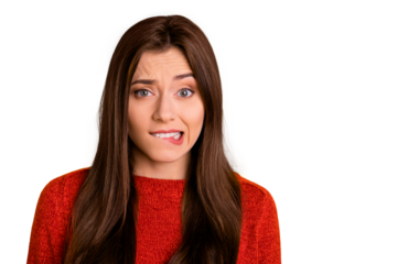 Portrait of disappointed scared girl bite her lips have trouble worry feel panic expression emotion wear red sweater isolated over yellow color background