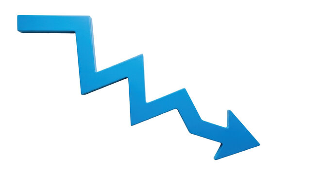 Isolated Light Blue Arrow Pointing Downwards Symbolizing Negative Trend in Market Price, Business
