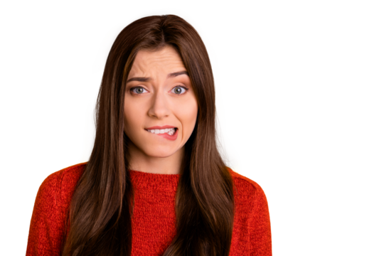 Portrait of disappointed scared girl bite her lips have trouble worry feel panic expression emotion wear red sweater isolated over yellow color background