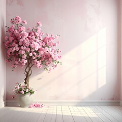 Fototapeta premium Delicate Pink Cherry Blossom Tree in Soft Sunlight and Petals.