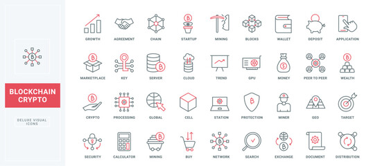 Blockchain thin black and red line icons set vector illustration. Outline financial structure of bitcoin and cryptocurrency investment, fintech transaction and payment, crypto trade and exchange