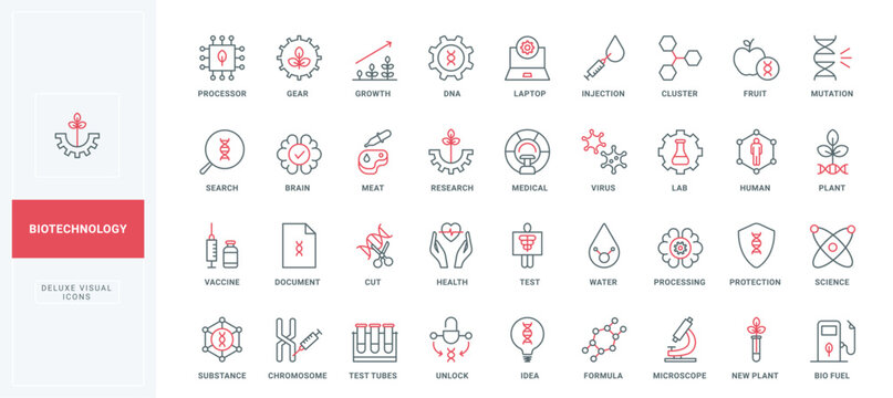 Genetic research and biotechnology, engineering in laboratory and science line icon set. Biochemistry, structure of DNA helix and chromosome thin black and red outline symbols vector illustration