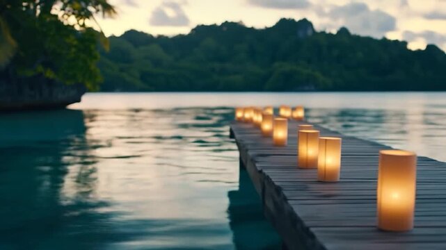 Candlelit wooden pier at dusk over ocean waters