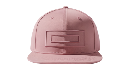 Isolated pink baseball cap with rectangular emblem displayed in front view, for sports wear