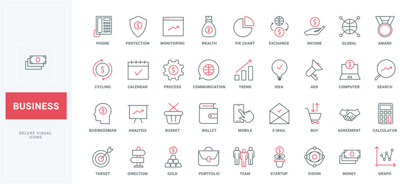 Business thin black and red line icons set vector illustration. Outline symbols of money protection and accounting, monitoring and analysis of global trend by chart, agreement and communication