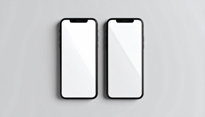 Two black smartphones, blank screens, gray background