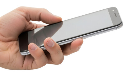 Isolated hand holding a smartphone, side buttons are visible, modern electronic device
