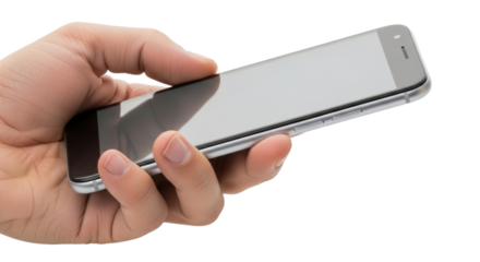 Isolated hand holding a smartphone, side buttons are visible, modern electronic device