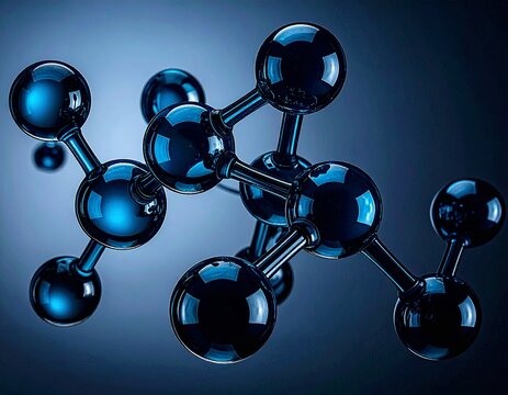 A detailed 3D illustration of a complex molecular structure with glossy blue spheres against a dark background.