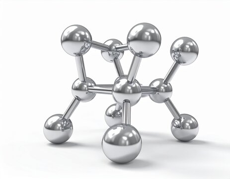 A three-dimensional model of a complex molecular structure with silver metallic atoms and bonds on a white background.