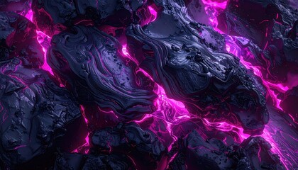 Abstract close-up of dark, textured rocks glowing with vibrant pink light