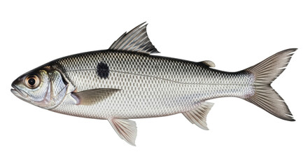 Isolated Adriatic dace fish with large scales, freshwater fish from Europe, with black spot