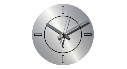 Isolated Brushed Silver Clock with Black Accents Telling the Time, Studio Shot, Closeup