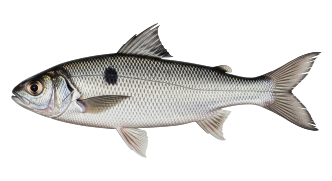 Isolated Adriatic dace fish with large scales, freshwater fish from Europe, with black spot