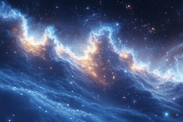 Blue nebula surrounded by stars in sky.