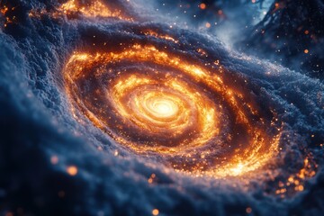 Bright orange star at center of spiral galaxy.