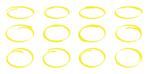 Set of hand drawn yellow circles and ovals. Highlight circle frames in yellow color. Ellipses in doodle style. Vector illustration isolated on white background. 