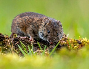 Obraz premium Small, brown-and-gray rodent on patch of dirt and moss