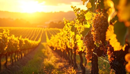 Naklejka premium Vineyard at Sunset, Gold Hue