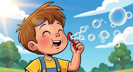 Boy blows soap bubbles.