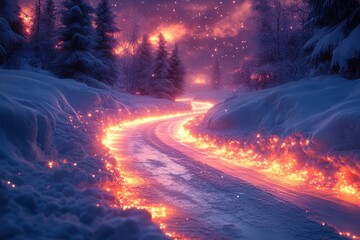 Fire blazing on a snowy road.