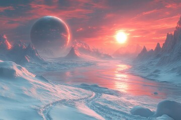 Large moon over snowy landscape with red sky.