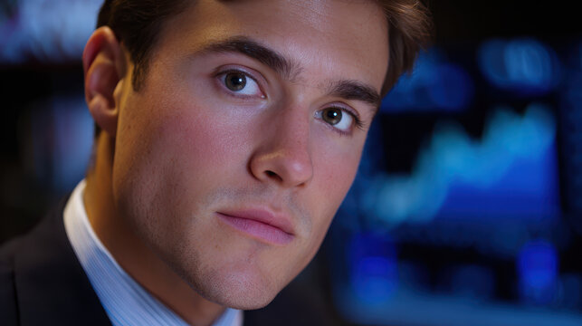 Young man with serious expression looking at camera in front of blurred financial data screen, business concept