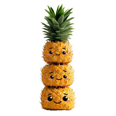 Cute Cartoon Pineapples Stacked with Smiling Faces on Transparent Background