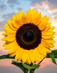 Obraz premium Close-up of a sunflower against a vibrant sunset sky