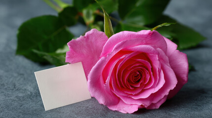 Pink rose flower with blank card on gray surface, romantic and delicate floral arrangement for special occasions or messages