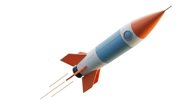 Isolated retro style rocket ship ascending with simulated flame trails on its journey