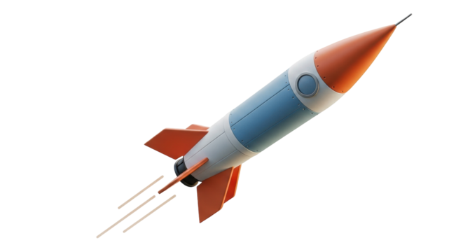 Isolated retro style rocket ship ascending with simulated flame trails on its journey