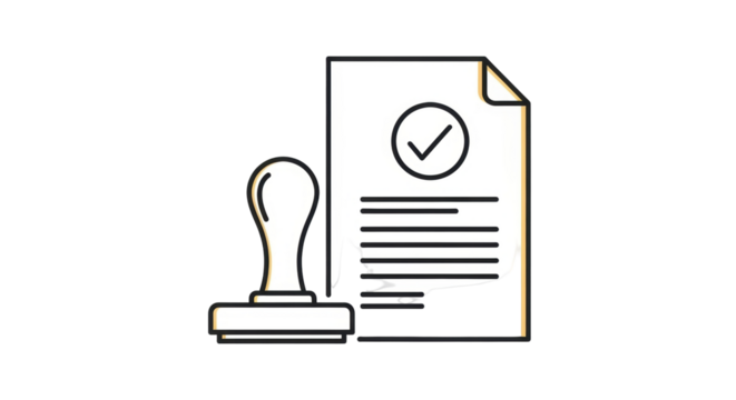 Isolated document approval stamp with checkmark, symbolizing validation and confirmation