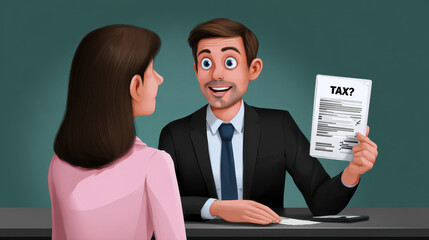 Businessman showing tax document to woman, explaining financial details with enthusiasm in office setting