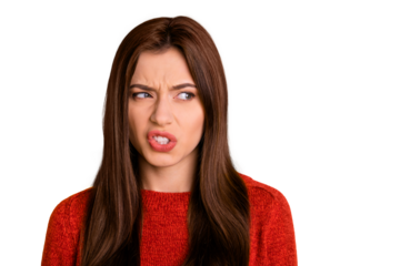 Portrait of mad annoyed person look see ugly object grimace dislike emotion expression concept wear red pullover sweater isolated over yellow color background
