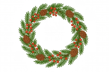 Christmas wreath featuring green evergreen branches, red berries, and natural pinecones, bringing holiday joy. Transparent background