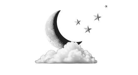 Isolated crescent moon on cloud with stars overhead, dreamy celestial sky concept