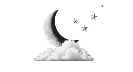 Isolated crescent moon on cloud with stars overhead, dreamy celestial sky concept