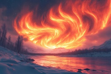 Fireball in sky above river.