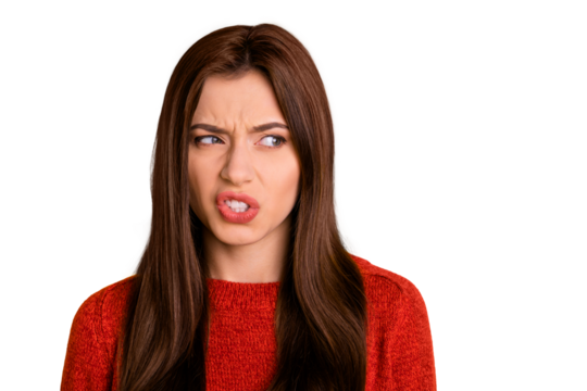 Portrait of mad annoyed person look see ugly object grimace dislike emotion expression concept wear red pullover sweater isolated over yellow color background